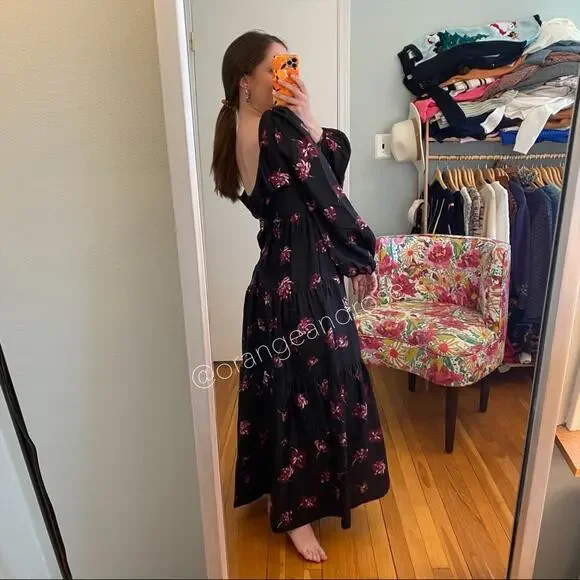 NICHOLAS Black Pink Floral Square Neck Long Balloon Sleeve Silk Maxi Dress 6 - Picture 4 of 14